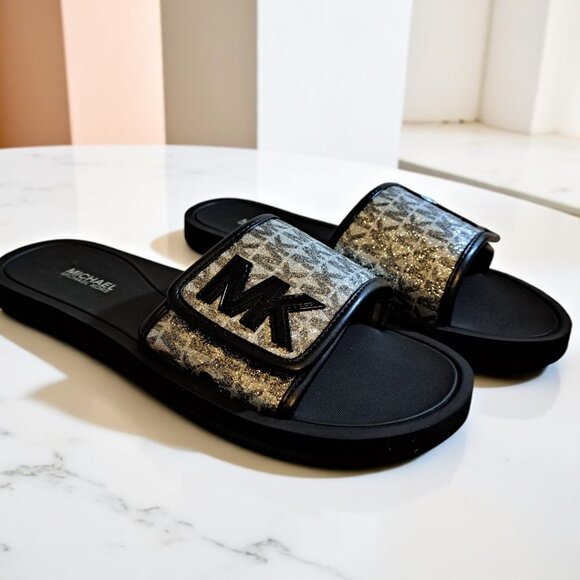 Michael Kors Shoes - Michael Kors Women's Logo Silver Black Glitter Slides Size 8M
